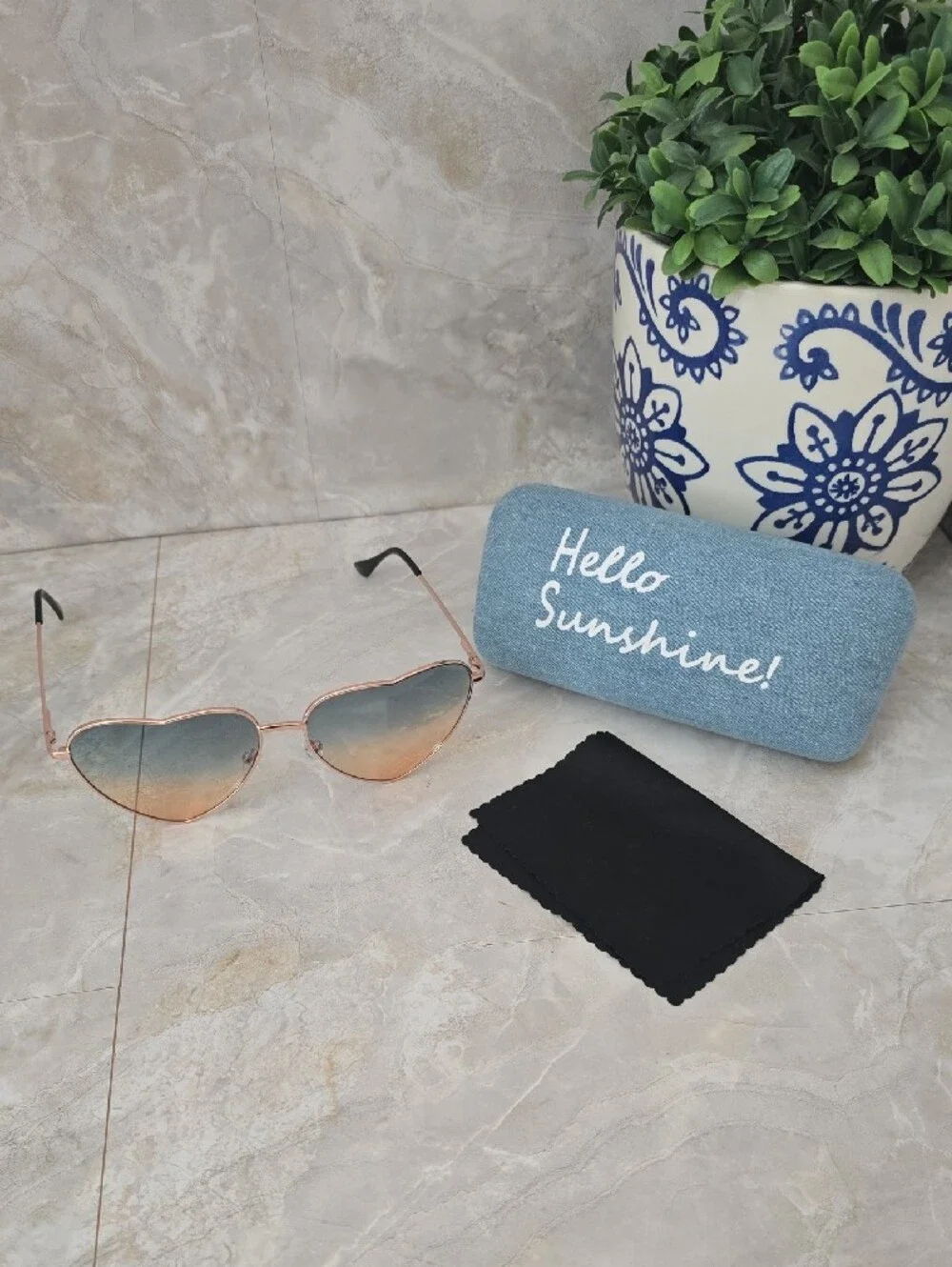 Y2K Festival Rose Gold Heart Sunglasses & Denim Case Set